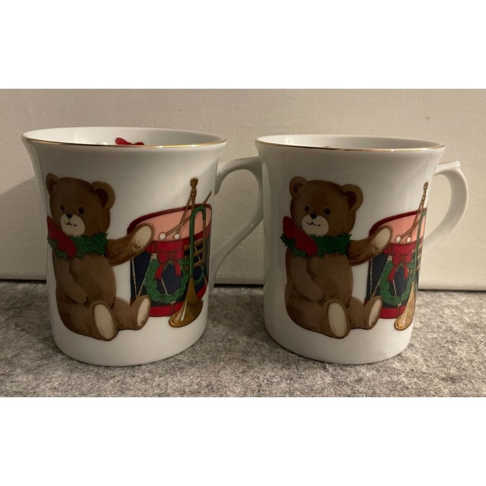 2 Porcelain Christmas Mugs with Teddy Bears From Japan  # 1427